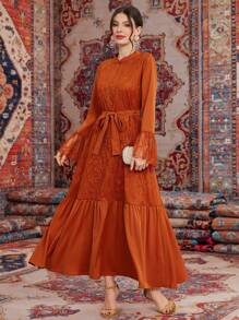 Al Najma Women's Patchwork Lace Ruffle Hem Swing Modest Dress - Orange - View 1