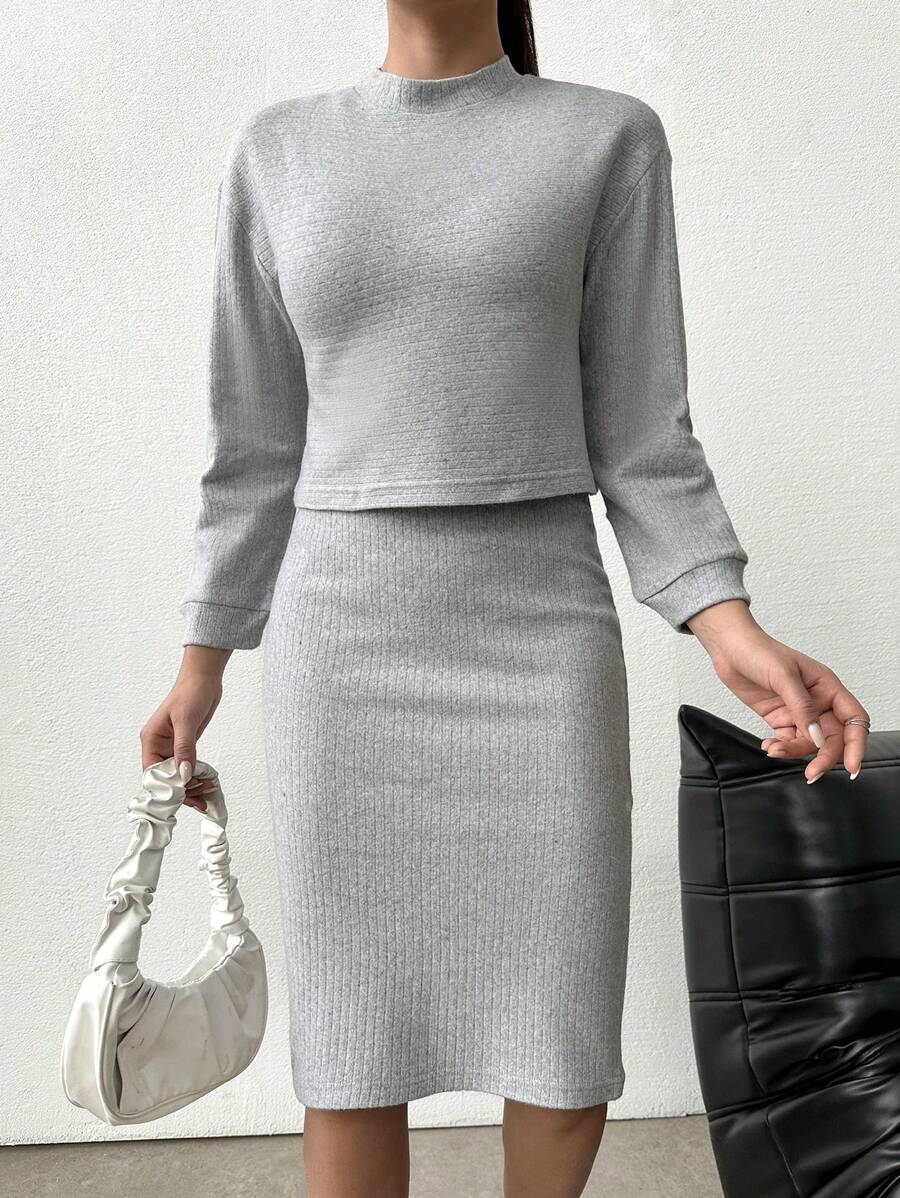 SHEIN Cottnline Mock Neck Drop Shoulder Crop Tee & Bodycon Dress