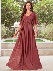 UNITHORSE V-Neck Ruched Chiffon Bridesmaid Dress - Redwood - View 1
