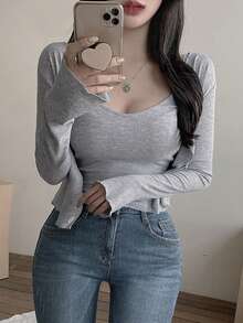 DAZY Áo thun dài tay có họa tiết gân và áo yếm dành cho nữ - Xám - Xem 6