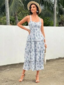 SHEIN VCAY Của phụ nữ Ngẫu nhiên In Không tay Dây đeo Mì Ý  Đầm - Xanh và trắng - Xem 4