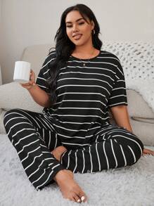 Plus Size Striped Drop Shoulder Sleeve T-Shirt And Long Pants Pajama Set, Outfits - Black and White - View 1