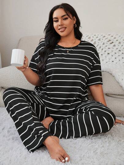 Plus Size Striped Drop Shoulder Sleeve T-Shirt And Long Pants Pajama Set, Outfits