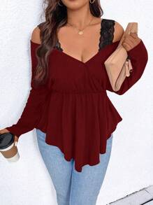 Calvaya 大尺碼蕾絲拼接露肩T恤 - 酒紅色 - 查看 3