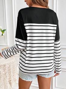 SHEIN Frenchy Women's Striped T-Shirt With V-Neck And Letter Embroidery Winter Casual - Black and White - View 2