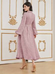 Modelyn 女士提花披肩領配腰帶燈籠袖連衣裙 - 粉色 - 查看 2