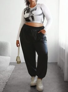 SHEIN CURVE+ Hơn Eo dây rút Quần thả đũng quần - Màu Tím - Xem 3