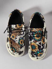 Girls Cow Print & Sunflower Pattern Casual Sneakers - Multicolor - View 2