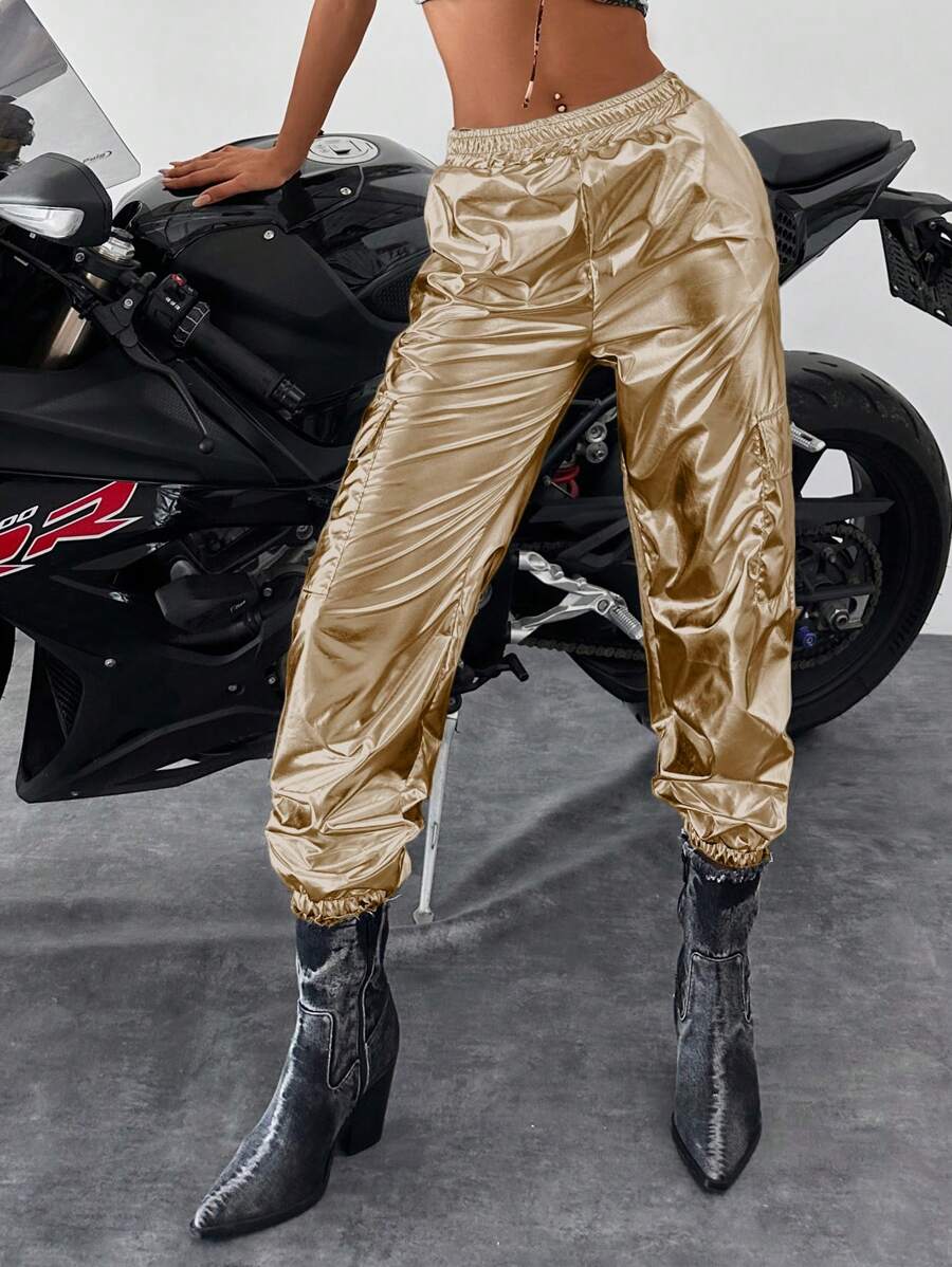 SHEIN Cottnline Ladies' Solid Color Metallic Cargo Pants - Bronze - View 1