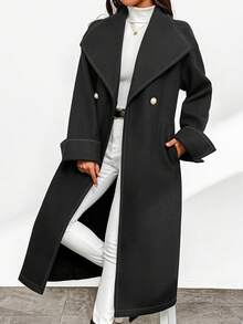 SHEIN Privé Abrigo De Lana Doble Botonadura Con Cinturón Para Mujer - Negro - Ver 3