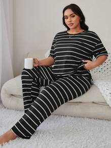 Plus Size Striped Drop Shoulder Sleeve T-Shirt And Long Pants Pajama Set, Outfits - Black and White - View 3