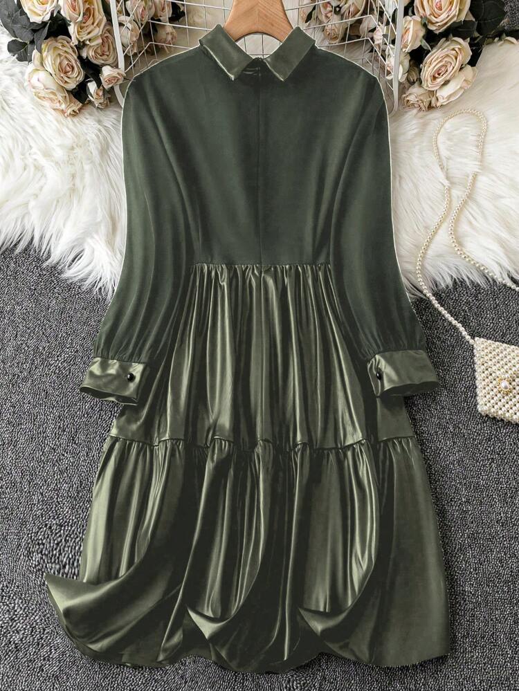 Women'S Asymmetric Patchwork Turn-Down Collar Dress