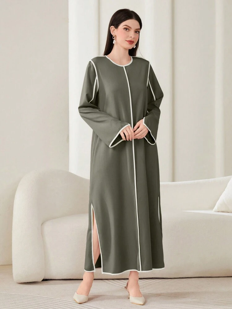 Women'S Round Neck Long Sleeve Dress, Modest Inner Slip Abaya Dress