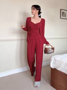 DAZY 3pcs Pleated Detail Cami Top, Long Sleeve Robe And Pants Homewear Lounge Set, Fall Winter Clothes Pajama, Cozy Outfit - Red - View 6