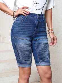 SHEIN LUNE Damenshorts Aus Jeansstoff Mit Taschen - Blau - Übersicht 3