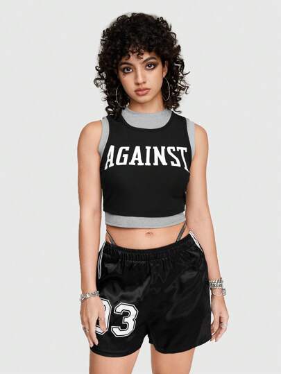 Street Life Color Block 2 In 1 Style Women's Tank Top With Letter Print Design