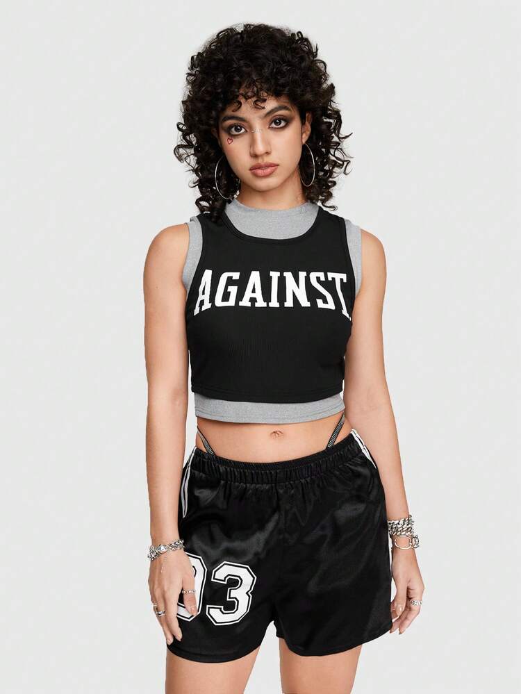 Color Block 2 In 1 Style Women's Tank Top With Letter Print Design