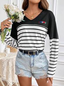 SHEIN Frenchy Women's Striped T-Shirt With V-Neck And Letter Embroidery Winter Casual - Black and White - View 3