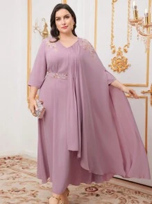 Modelyn Plus Size Floral Embroidery V-Neck Dress
