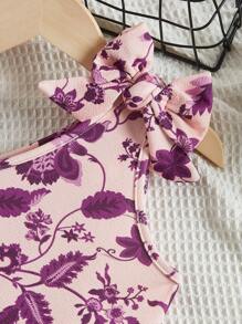 SHEIN 少女花卉印花一字肩無袖上衣配蝴蝶結和裙子套裝,休閒旅遊兩件套裝 - 彩色 - 查看 4