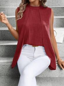 EMERY ROSE Quý cô Không tay Màu thuần Viền không đối xứng Áo sơ mi - Màu Đỏ Sâu - Xem 4