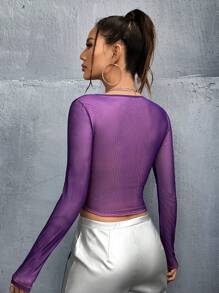 SHEIN ICON 女款y2k紫色網紗短上衣,人體印花圖案 - 彩色 - 查看 2