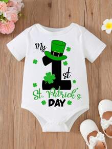 Baby Girl's St. Patrick's Day Envelope Neck Letter Print Bodysuit For Spring And Summer - White - View 1