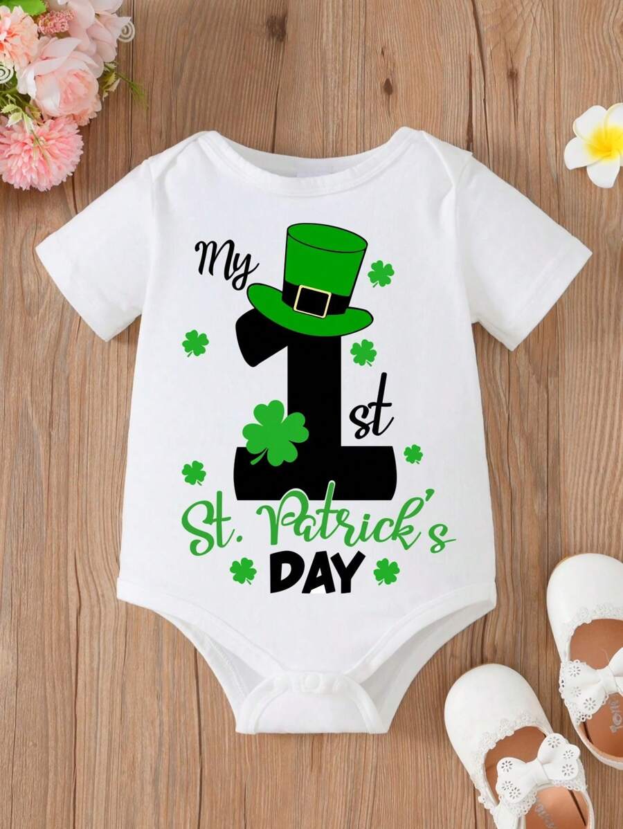 Baby Girl's St. Patrick's Day Envelope Neck Letter Print Bodysuit For Spring And Summer - White - View 1