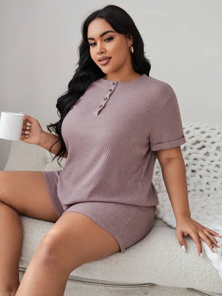 Plus Size Women's Rib Knitted Texture Casual Pajama Set