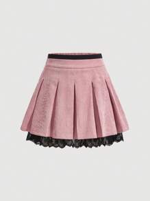 SHEIN MOD Women's Contrast Color Lace Splicing Pleated Skirt - Pink - View 1