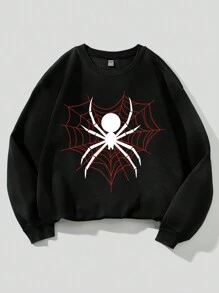 少女休閒簡單蜘蛛紋長袖圓領衫,適用於秋冬季節 - 黑色 - 查看 1