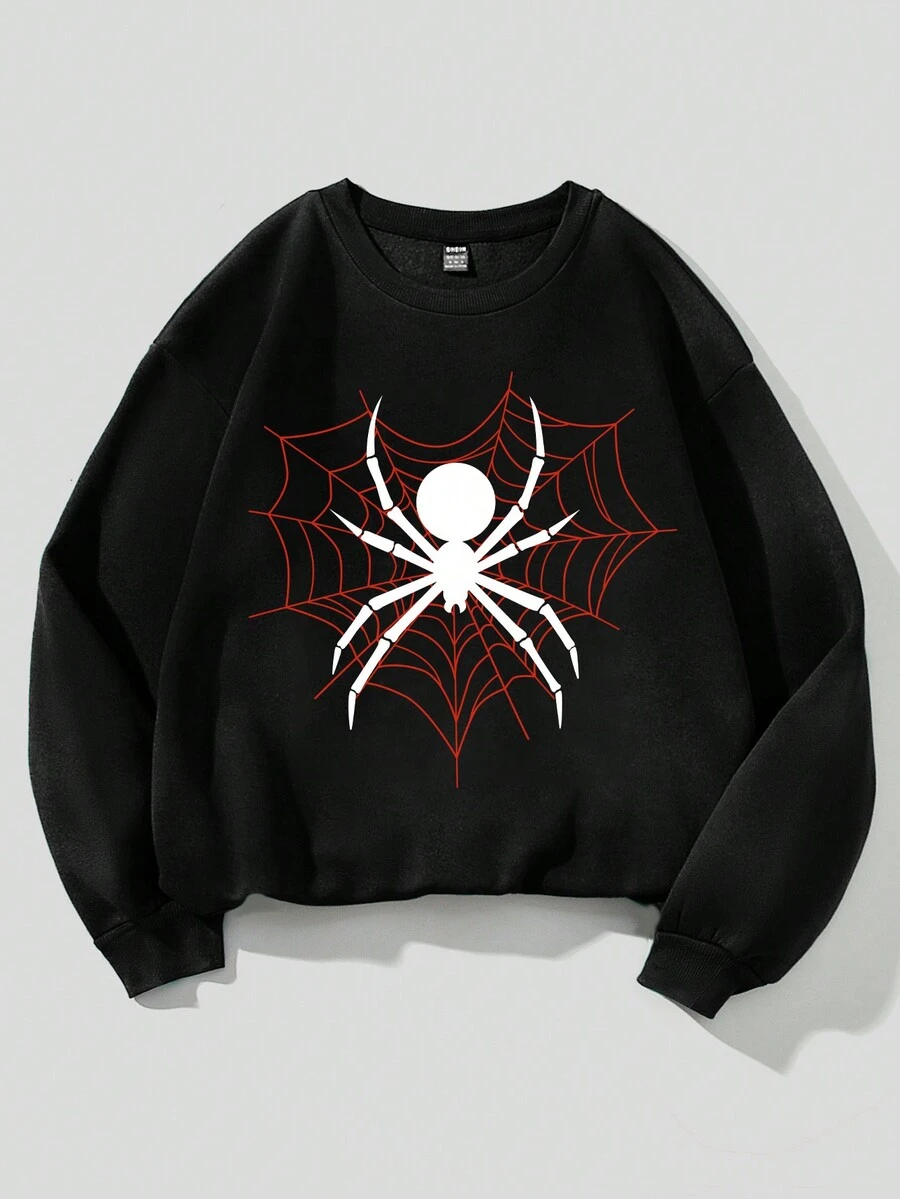 少女休閒簡單蜘蛛紋長袖圓領衫,適用於秋冬季節 - 黑色 - 查看 1