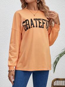 SHEIN Pregnant Women's Drop Shoulder Sweatshirt With Letter Print - Orange - View 5