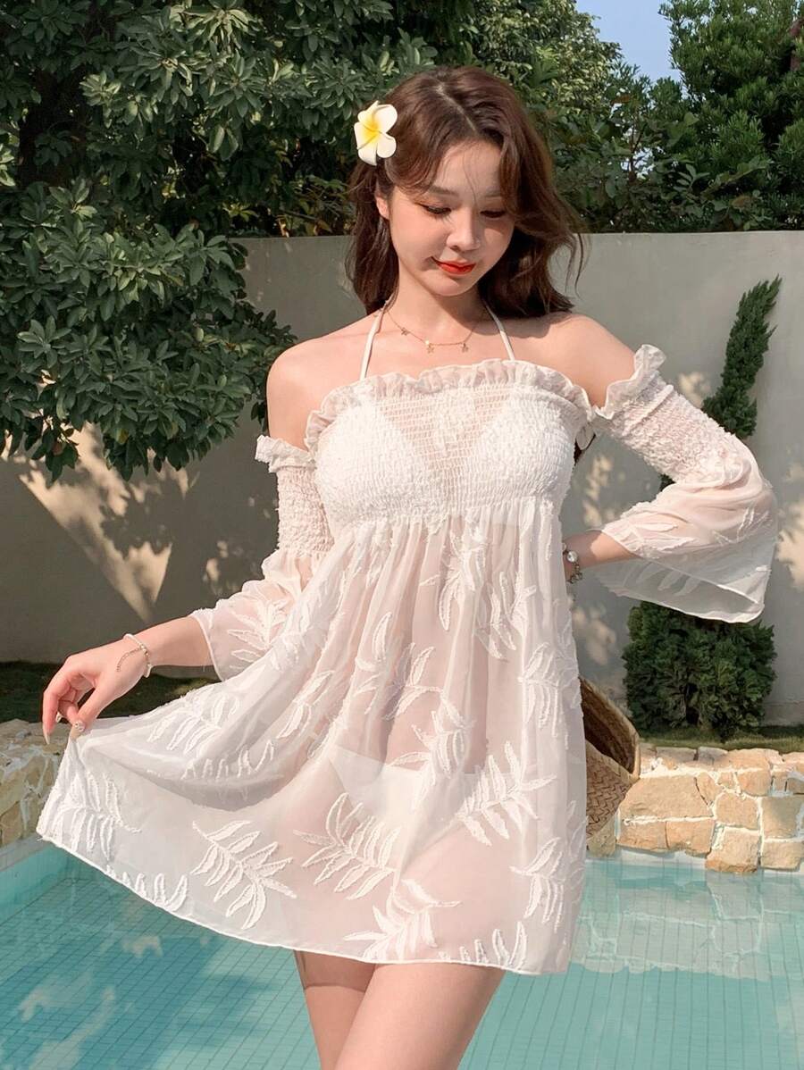 DAZY Đầm che phủ tay dài trễ vai xếp ly cho nữ mùa hè - trắng - Xem 1