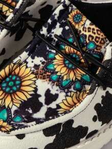 Girls Cow Print & Sunflower Pattern Casual Sneakers - Multicolor - View 5