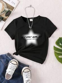 SHEIN 1件女童短袖t卹,印有口號和星星圖案 - 黑色 - 查看 1