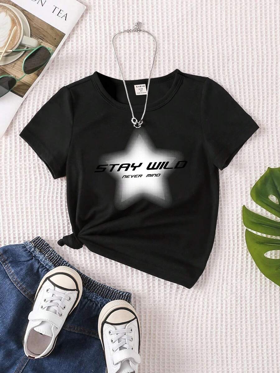 SHEIN 1件女童短袖t卹,印有口號和星星圖案 - 黑色 - 查看 1