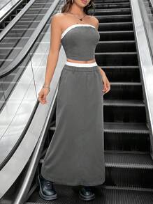 SHEIN Unity Color Block Casual Strapless Top And Skirt - Grey - View 5