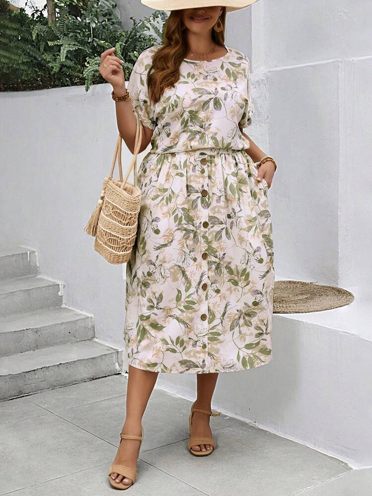 Plus Size Tropical Print Batwing Sleeve Top & Skirt,Flower/Spring/Summer/Vacation