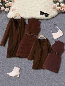 Áo khoác và váy ba lỗ có gân trơn dài tay dành cho bé gái mùa thu đông - màu nâu - Xem 8