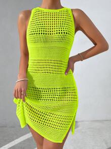 Swim Vcay Summer Outfits For Women Solid Color Hollow Out Knitted Cover Up Summer - Lime Green - View 5