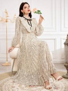 Modelyn Của phụ nữ Hình vết tròng Polka Đầm Với Ruffled Đường viền cổ áo Và Thắt lưng Eo - Màu be - Xem 4