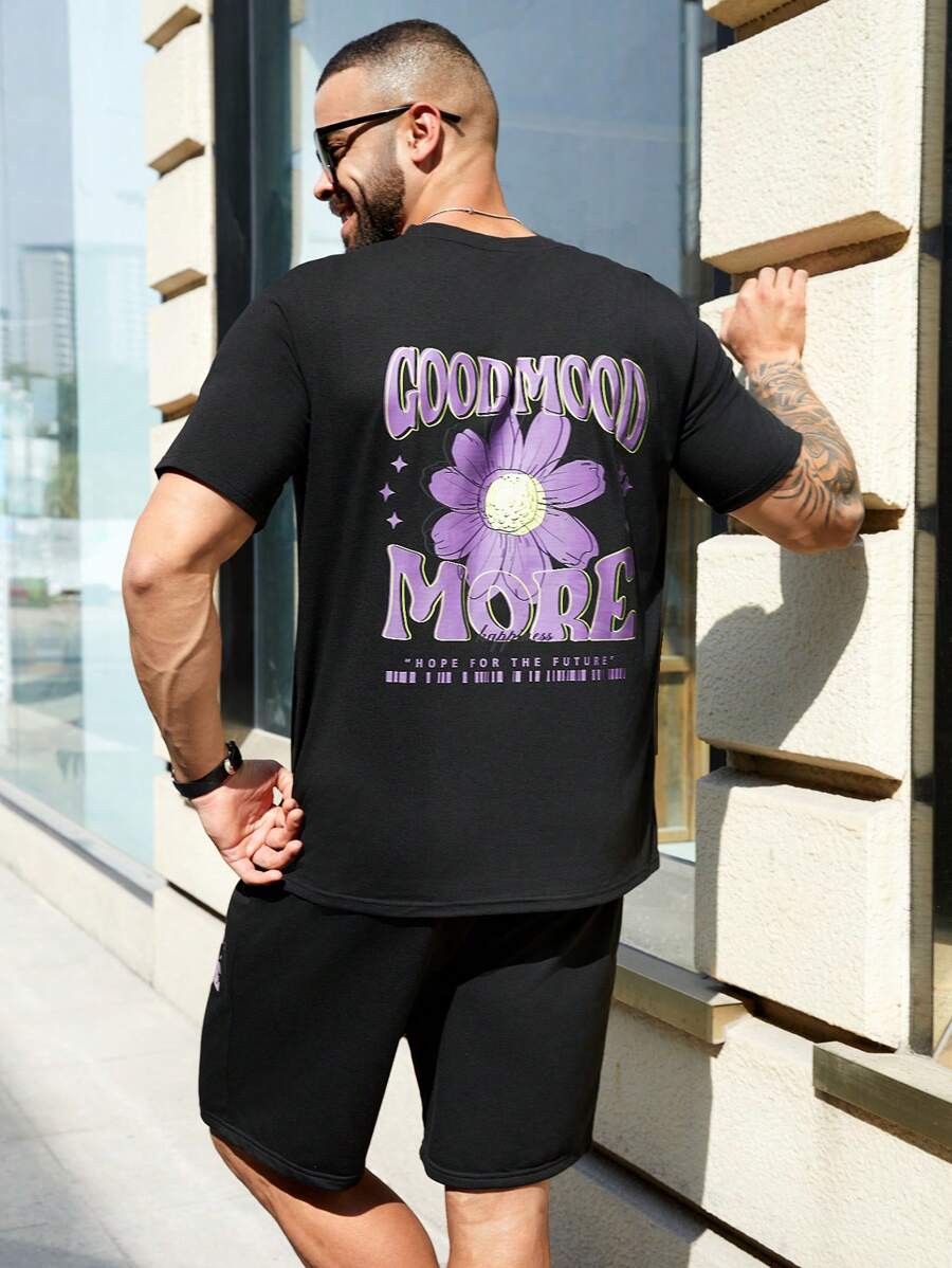 Manfinity Homme Men'S Plus Size Slogan And Floral Printed T-Shirt And Shorts Set - Black - View 1