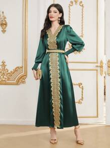 Al Najma Tiếng  Ả Rập Phong cách Của phụ nữ Thêu Cổ v Shirred Cuff Áo choàng Abaya Đầm - Màu xanh lá cây đậm - Xem 4