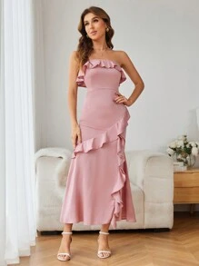 GENKIRA Ruffle Trimmed Strapless Dress - Dusty Pink - View 5