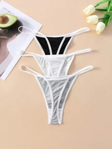 Conjunto de 3 piezas de tanga sexy para mujer con ribete de contraste