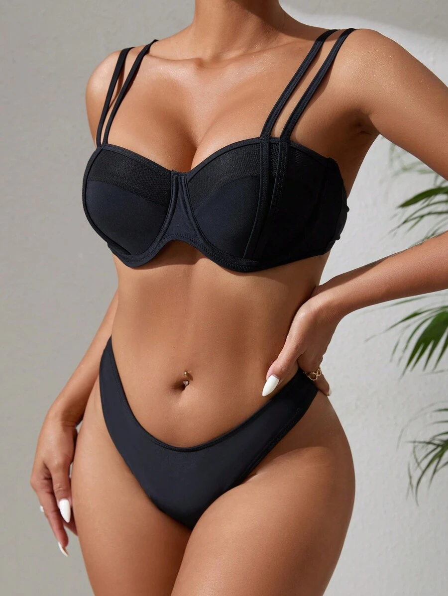 SHEIN Swim Women's Bikini Set With Double Shoulder Straps Wedding Summer Beach - Black - View 1