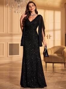 UNITHORSE 女士雪纺长袖亮片连衣裙派对礼服婚礼宾客礼服正式礼服晚礼服、新娘礼服、生日服装、毕业礼服、长袍 - 黑色 - 查看 5