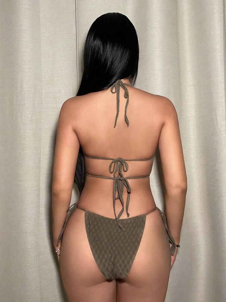 Women's Metal Butterfly Decor Texture Halter Neck Tie Bikini Set, String Beach Outfit Bathing Suit Summer