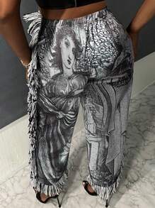 Slaydiva Talla grande Pantalones deportivos con estampado de figura ribete con fleco - Gris - Ver 2